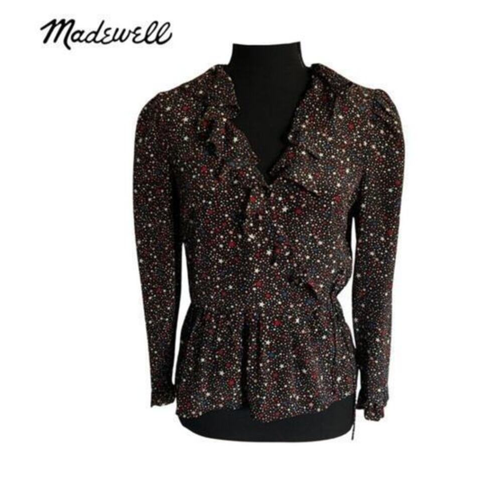 Madewell 100% Silk Ruffle-Hem Wrap Long Sleeve Top in Starry Night xs